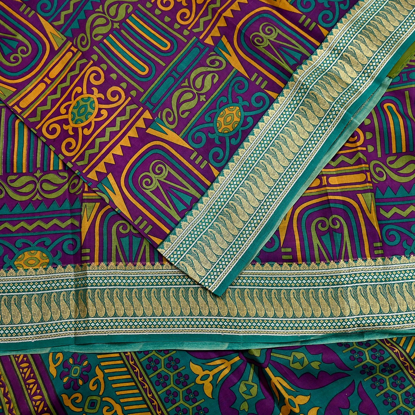 Indian Vintage Sari Green & Purple 100% Pure Silk Printed Sarees 5yd Sewing Craft Fabric Dress Making Soft Woven Border Upcycle Quilting