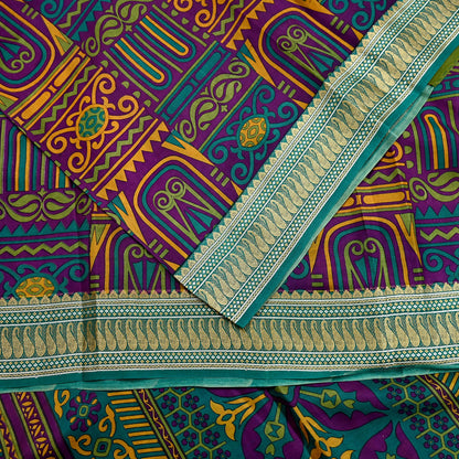 Indian Vintage Sari Green & Purple 100% Pure Silk Printed Sarees 5yd Sewing Craft Fabric Dress Making Soft Woven Border Upcycle Quilting