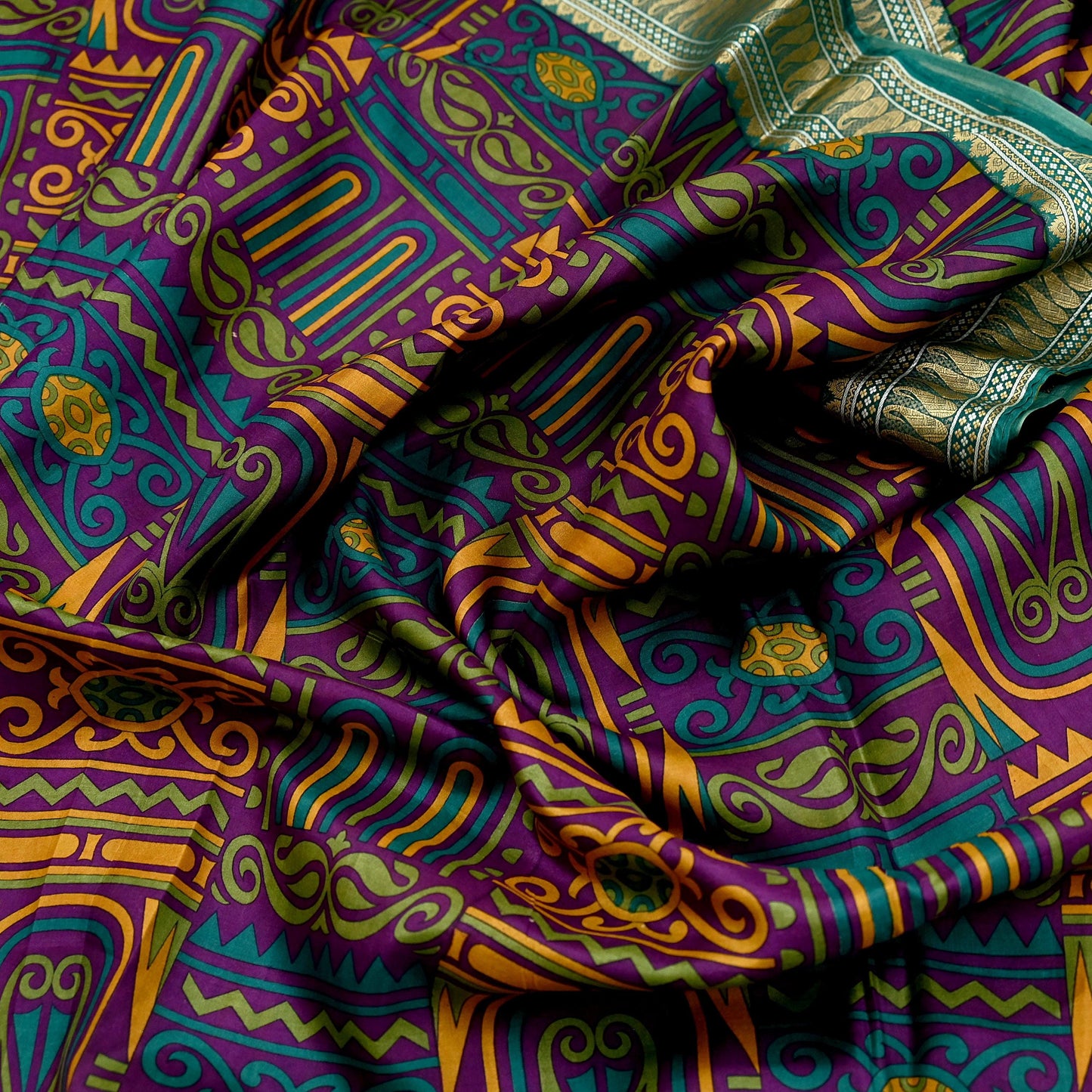 Indian Vintage Sari Green & Purple 100% Pure Silk Printed Sarees 5yd Sewing Craft Fabric Dress Making Soft Woven Border Upcycle Quilting