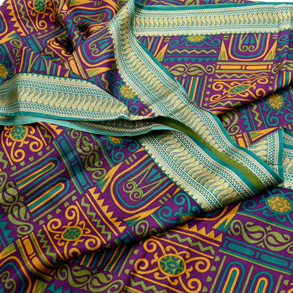 Indian Vintage Sari Green & Purple 100% Pure Silk Printed Sarees 5yd Sewing Craft Fabric Dress Making Soft Woven Border Upcycle Quilting