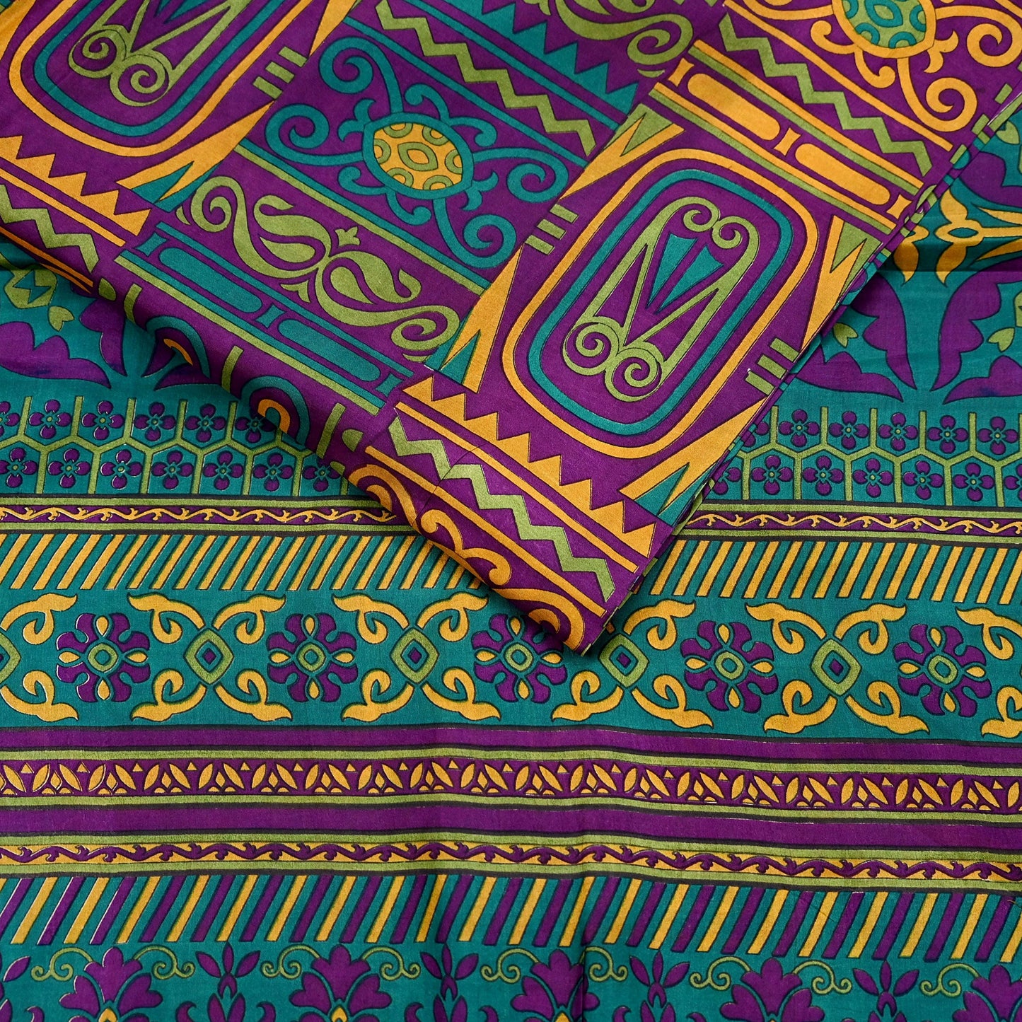 Indian Vintage Sari Green & Purple 100% Pure Silk Printed Sarees 5yd Sewing Craft Fabric Dress Making Soft Woven Border Upcycle Quilting