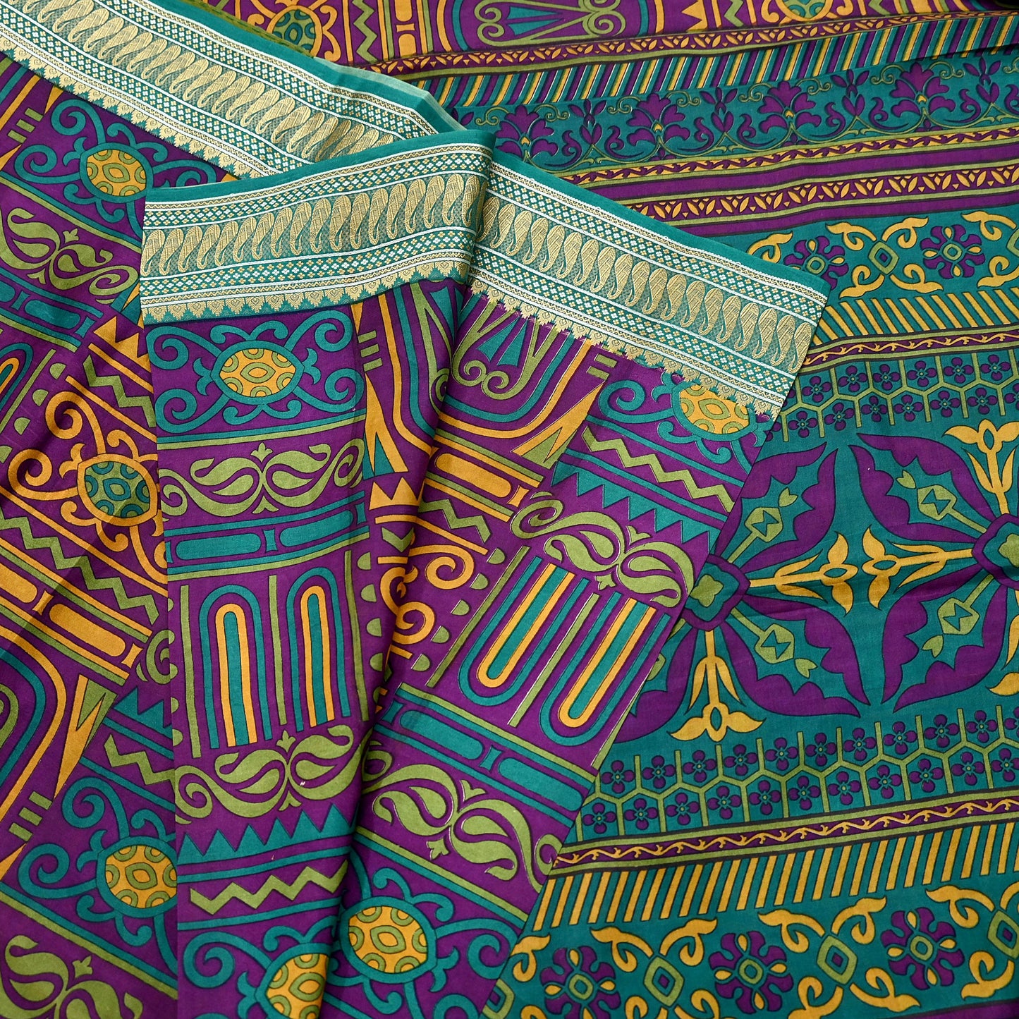 Indian Vintage Sari Green & Purple 100% Pure Silk Printed Sarees 5yd Sewing Craft Fabric Dress Making Soft Woven Border Upcycle Quilting