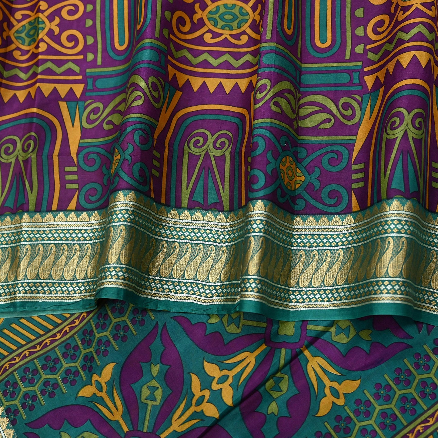 Indian Vintage Sari Green & Purple 100% Pure Silk Printed Sarees 5yd Sewing Craft Fabric Dress Making Soft Woven Border Upcycle Quilting