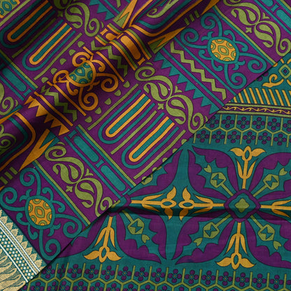 Indian Vintage Sari Green & Purple 100% Pure Silk Printed Sarees 5yd Sewing Craft Fabric Dress Making Soft Woven Border Upcycle Quilting