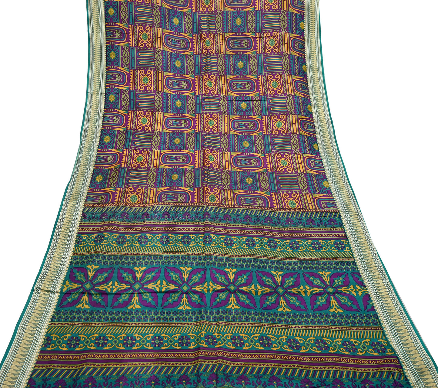 Indian Vintage Sari Green & Purple 100% Pure Silk Printed Sarees 5yd Sewing Craft Fabric Dress Making Soft Woven Border Upcycle Quilting