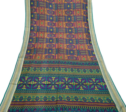 Indian Vintage Sari Green & Purple 100% Pure Silk Printed Sarees 5yd Sewing Craft Fabric Dress Making Soft Woven Border Upcycle Quilting