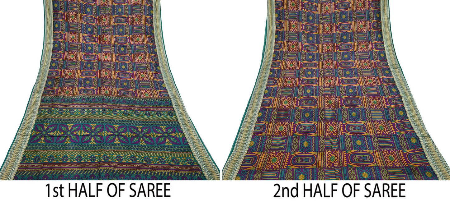 Indian Vintage Sari Green & Purple 100% Pure Silk Printed Sarees 5yd Sewing Craft Fabric Dress Making Soft Woven Border Upcycle Quilting
