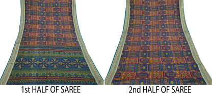 Indian Vintage Sari Green & Purple 100% Pure Silk Printed Sarees 5yd Sewing Craft Fabric Dress Making Soft Woven Border Upcycle Quilting