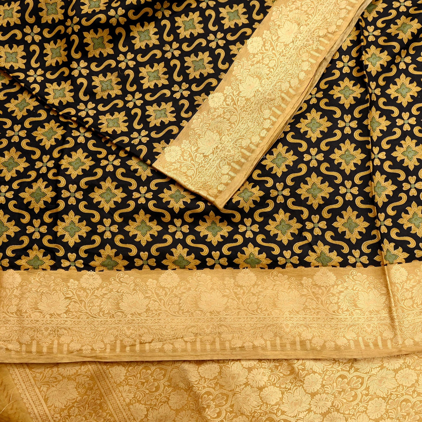 Vintage Sari Beige & Black Pure Silk Hand Woven Printed Saree Fabric 5yard Sewing Dress Designing for Crafting Quilting Upcycle Soft Border