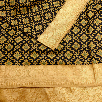 Vintage Sari Beige & Black Pure Silk Hand Woven Printed Saree Fabric 5yard Sewing Dress Designing for Crafting Quilting Upcycle Soft Border