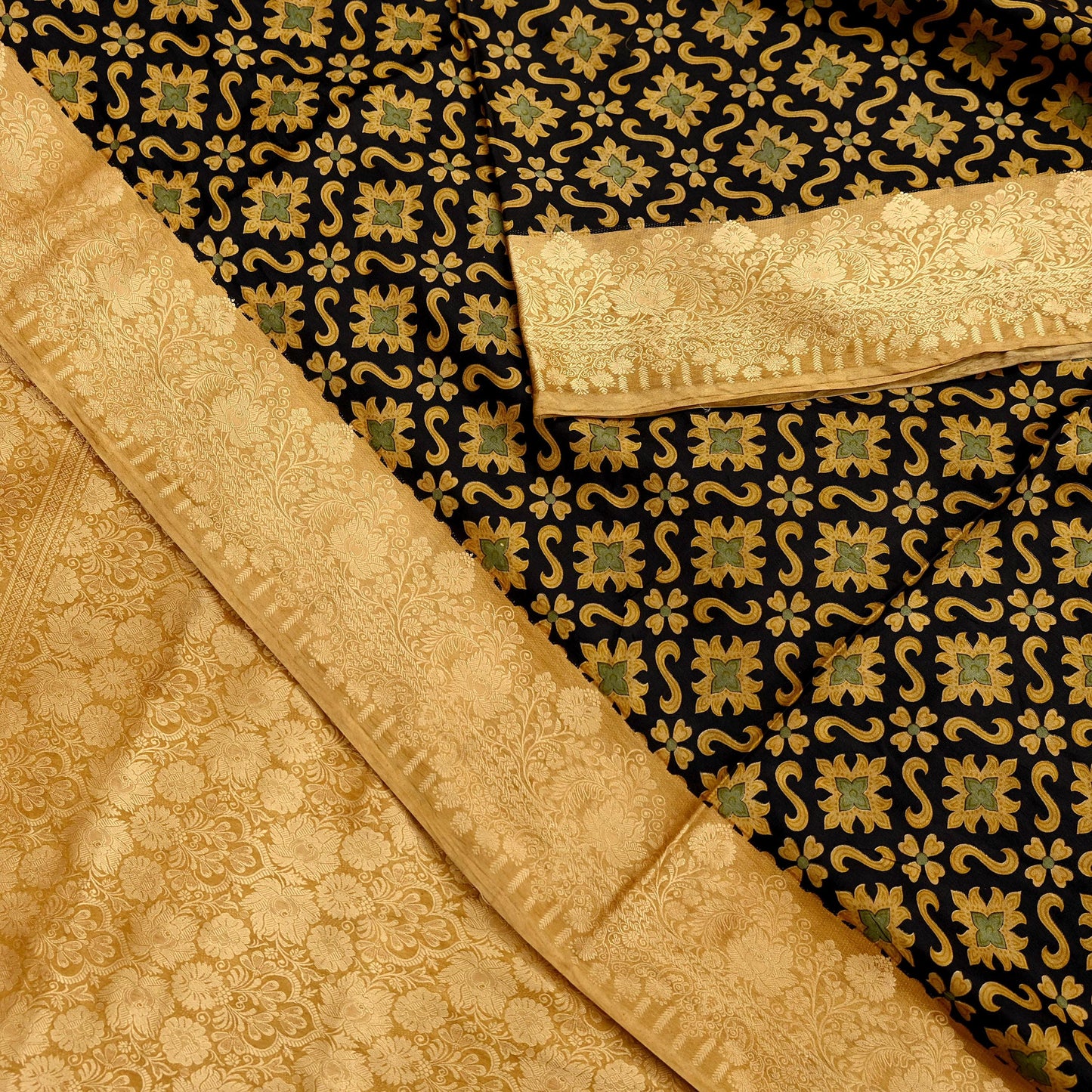 Vintage Sari Beige & Black Pure Silk Hand Woven Printed Saree Fabric 5yard Sewing Dress Designing for Crafting Quilting Upcycle Soft Border