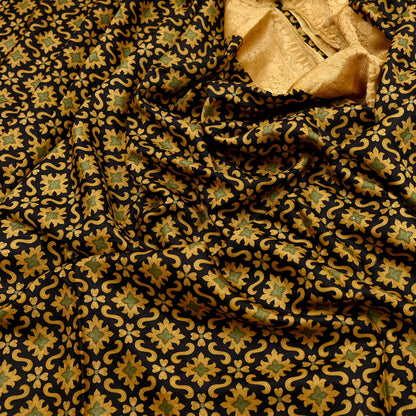 Vintage Sari Beige & Black Pure Silk Hand Woven Printed Saree Fabric 5yard Sewing Dress Designing for Crafting Quilting Upcycle Soft Border