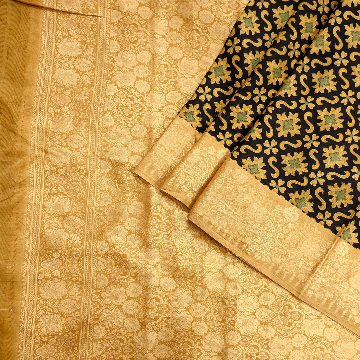 Vintage Sari Beige & Black Pure Silk Hand Woven Printed Saree Fabric 5yard Sewing Dress Designing for Crafting Quilting Upcycle Soft Border