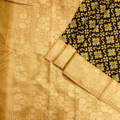Vintage Sari Beige & Black Pure Silk Hand Woven Printed Saree Fabric 5yard Sewing Dress Designing for Crafting Quilting Upcycle Soft Border
