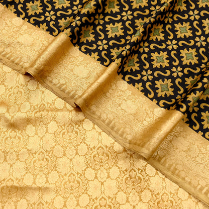 Vintage Sari Beige & Black Pure Silk Hand Woven Printed Saree Fabric 5yard Sewing Dress Designing for Crafting Quilting Upcycle Soft Border