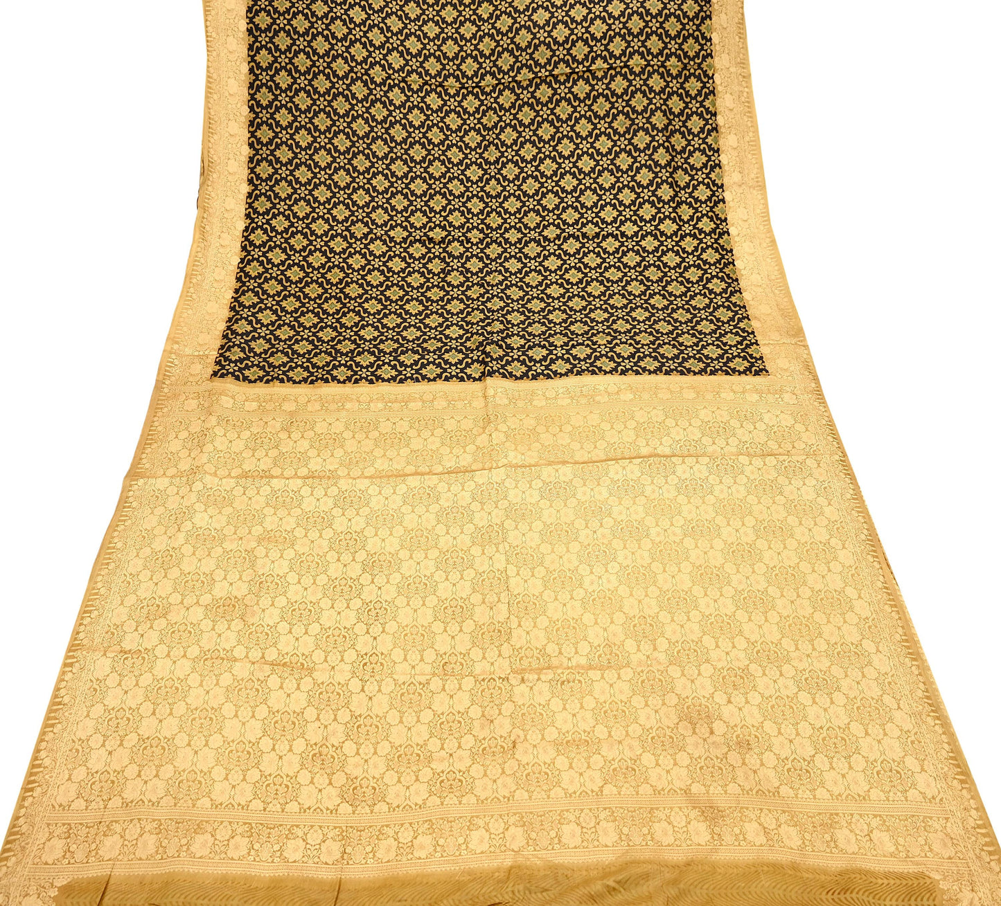 Vintage Sari Beige & Black Pure Silk Hand Woven Printed Saree Fabric 5yard Sewing Dress Designing for Crafting Quilting Upcycle Soft Border