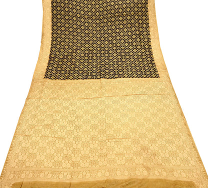 Vintage Sari Beige & Black Pure Silk Hand Woven Printed Saree Fabric 5yard Sewing Dress Designing for Crafting Quilting Upcycle Soft Border