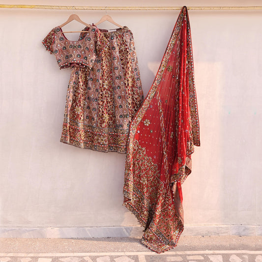 Indian Heavy Wedding Red Pure Satin Silk & Pure Georgette Silk Hand Embroidered Lehenga 3pcs Set Designer By Manish Malhotra Party Wear