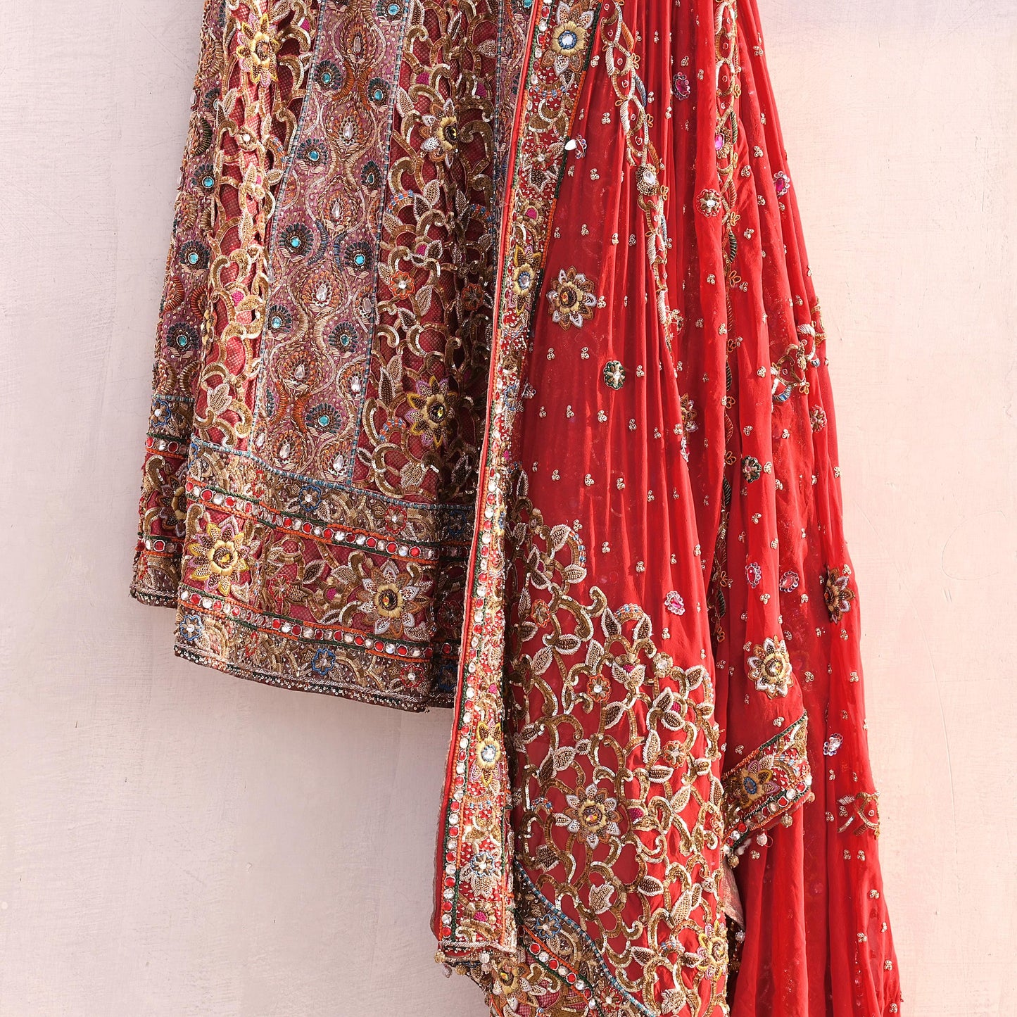 Indian Heavy Wedding Red Pure Satin Silk & Pure Georgette Silk Hand Embroidered Lehenga 3pcs Set Designer By Manish Malhotra Party Wear