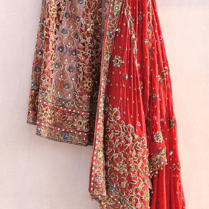 Indian Heavy Wedding Red Pure Satin Silk & Pure Georgette Silk Hand Embroidered Lehenga 3pcs Set Designer By Manish Malhotra Party Wear