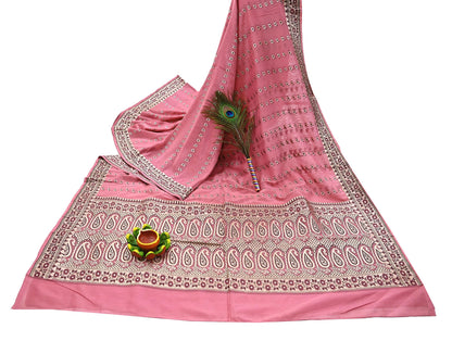 Indian Vintage Sari Pink Heavy Pure Silk Woven Banarasi Sarees 5yd Golden Zari Dress Making Craft Fabric Crafting Quilting Upcycle