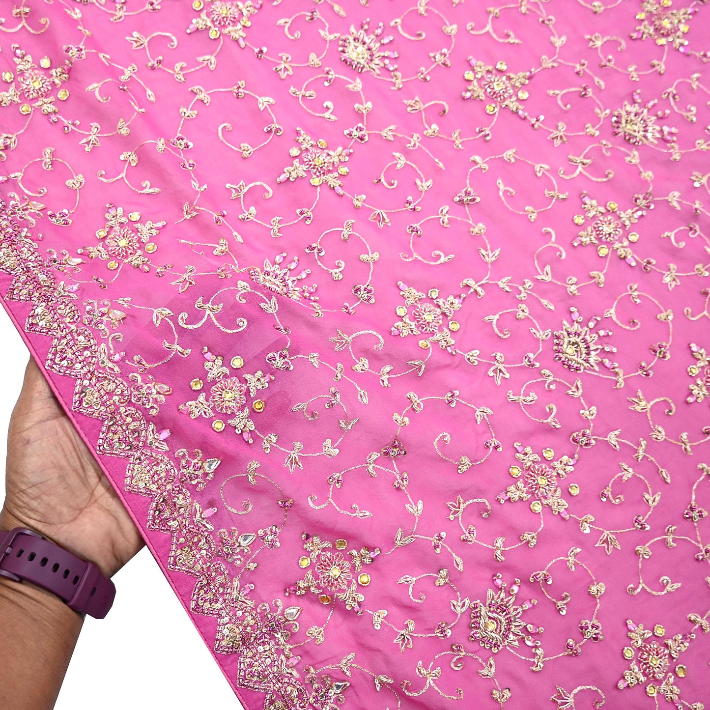 Indian Vintage Heavy Pink Bridal Dupatta Pure Georgette Silk Hand Embroidered Zardozi, Dabka, Zari Work Party Wear Long Stole