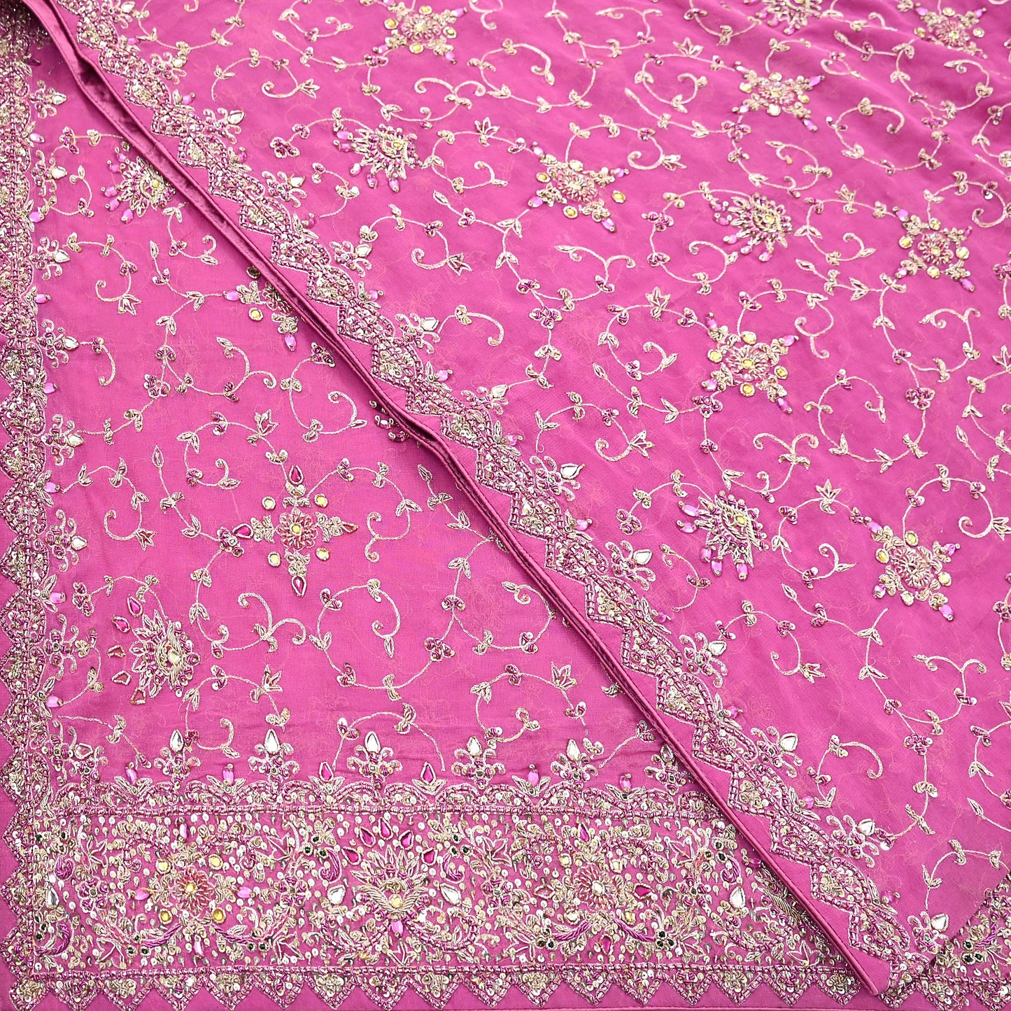 Indian Vintage Heavy Pink Bridal Dupatta Pure Georgette Silk Hand Embroidered Zardozi, Dabka, Zari Work Party Wear Long Stole