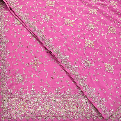 Indian Vintage Heavy Pink Bridal Dupatta Pure Georgette Silk Hand Embroidered Zardozi, Dabka, Zari Work Party Wear Long Stole