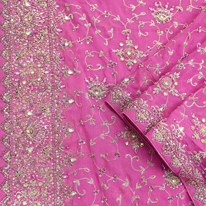 Indian Vintage Heavy Pink Bridal Dupatta Pure Georgette Silk Hand Embroidered Zardozi, Dabka, Zari Work Party Wear Long Stole