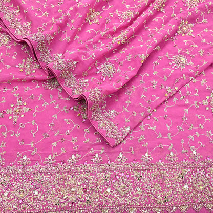 Indian Vintage Heavy Pink Bridal Dupatta Pure Georgette Silk Hand Embroidered Zardozi, Dabka, Zari Work Party Wear Long Stole