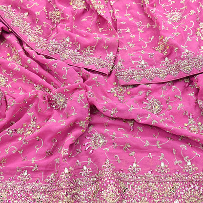 Indian Vintage Heavy Pink Bridal Dupatta Pure Georgette Silk Hand Embroidered Zardozi, Dabka, Zari Work Party Wear Long Stole