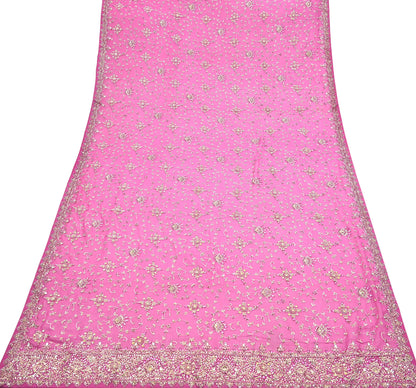 Indian Vintage Heavy Pink Bridal Dupatta Pure Georgette Silk Hand Embroidered Zardozi, Dabka, Zari Work Party Wear Long Stole