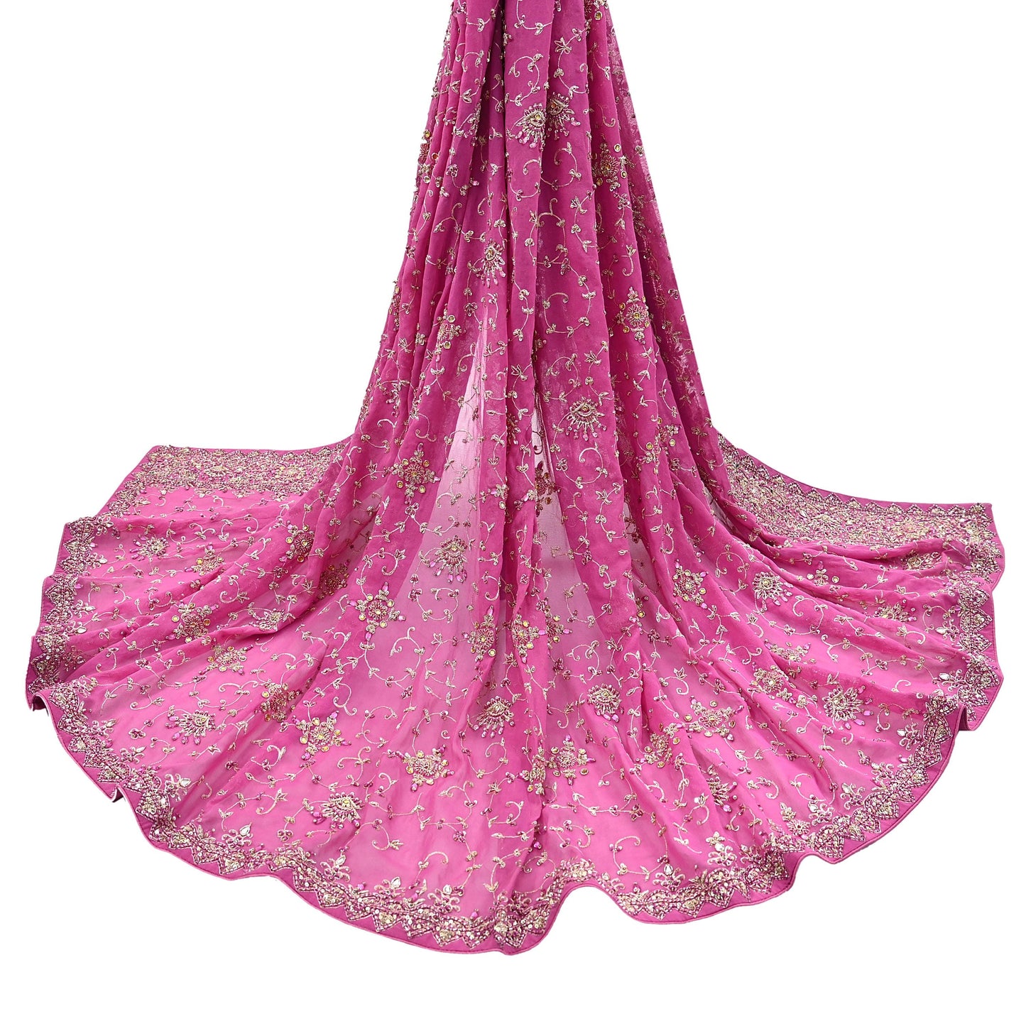 Indian Vintage Heavy Pink Bridal Dupatta Pure Georgette Silk Hand Embroidered Zardozi, Dabka, Zari Work Party Wear Long Stole