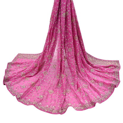 Indian Vintage Heavy Pink Bridal Dupatta Pure Georgette Silk Hand Embroidered Zardozi, Dabka, Zari Work Party Wear Long Stole