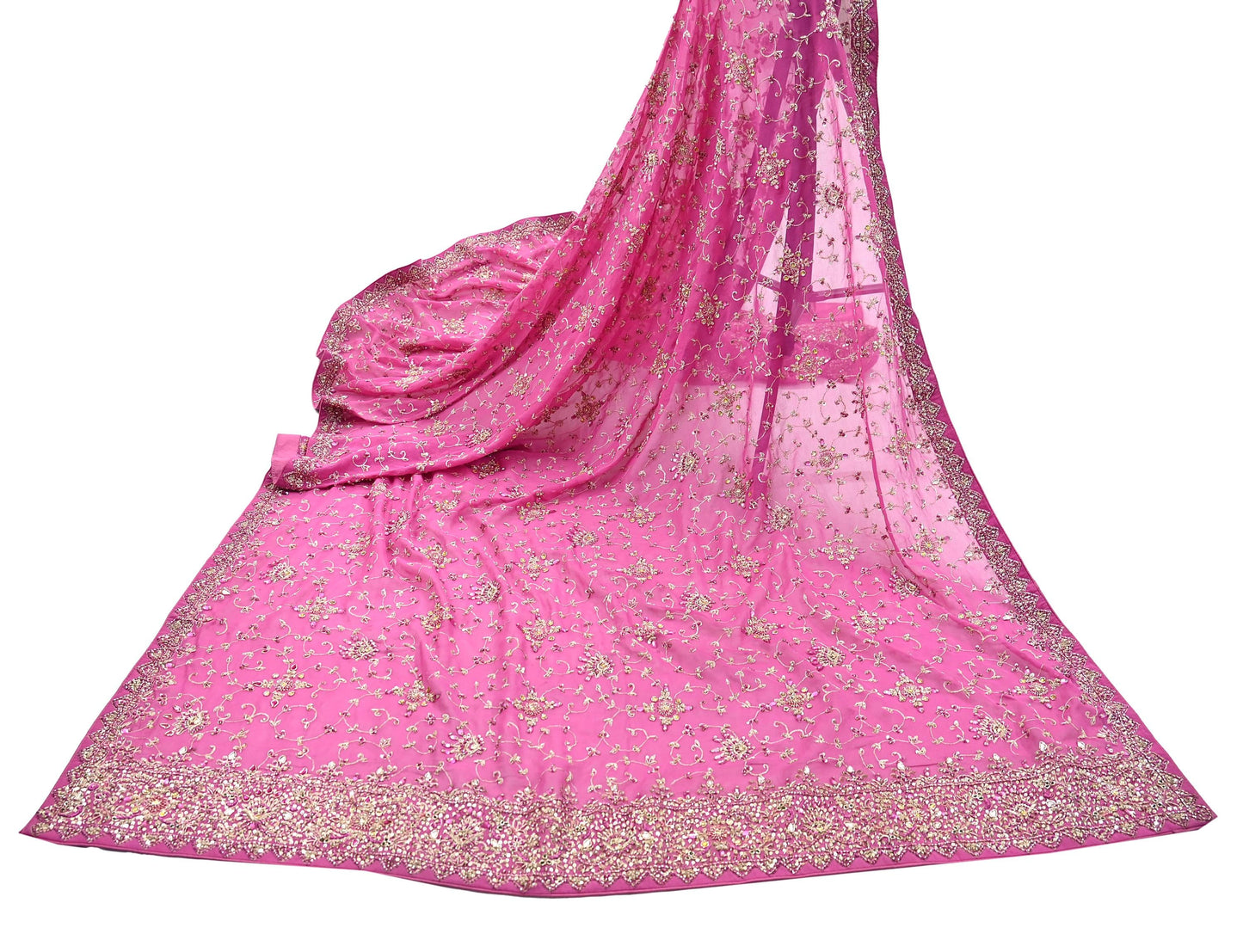 Indian Vintage Heavy Pink Bridal Dupatta Pure Georgette Silk Hand Embroidered Zardozi, Dabka, Zari Work Party Wear Long Stole