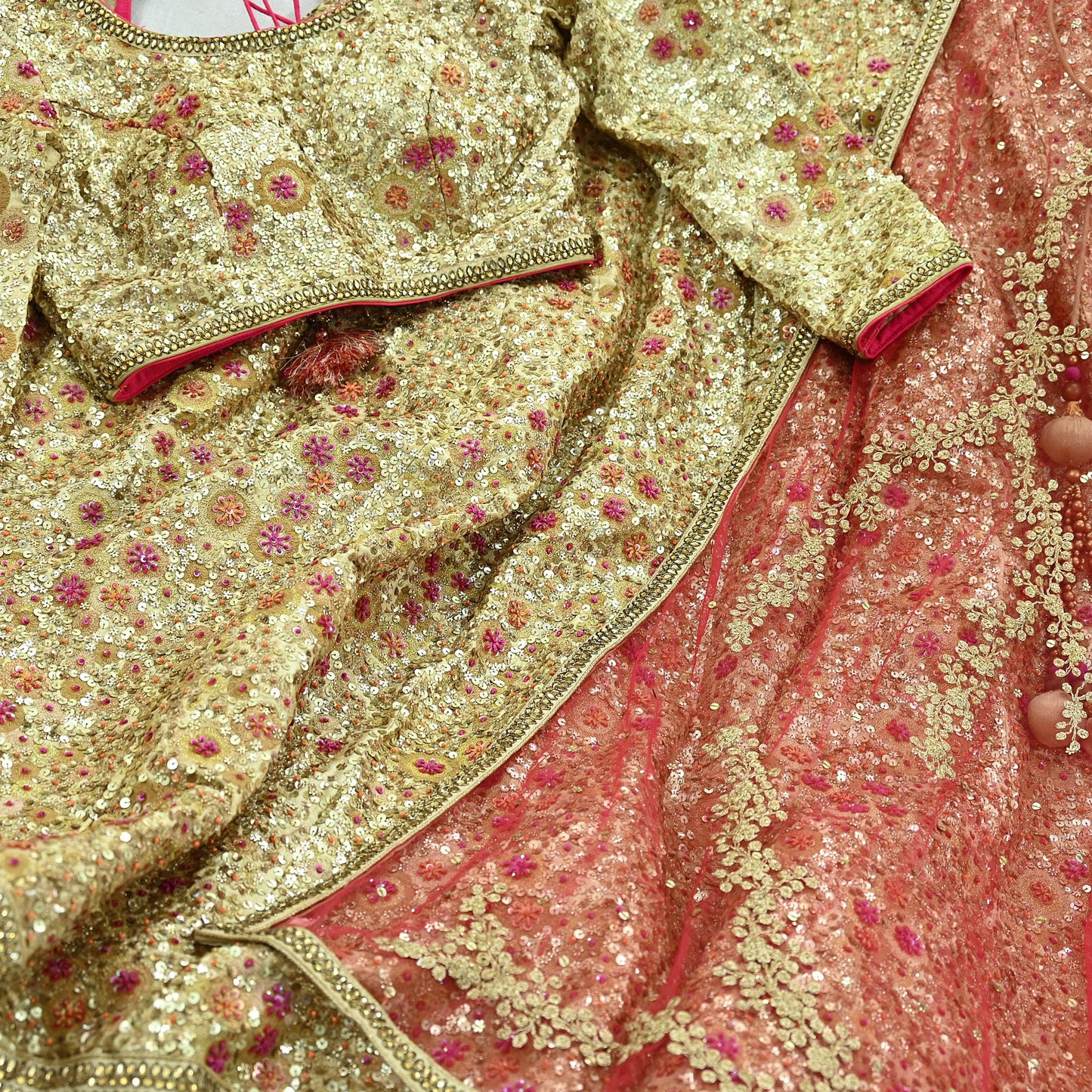 Pre-Owned Designer Abu Jani Hand Embroidered Golden Red Chanderi Silk Net Bridal Lehenga Set with Dupatta & Blouse Couture Outfit