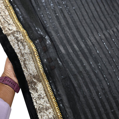 Indian Vintage Heavy Black Dupatta Pure Georgette Silk Long Stole Hand Embroidered Scarf Sequins