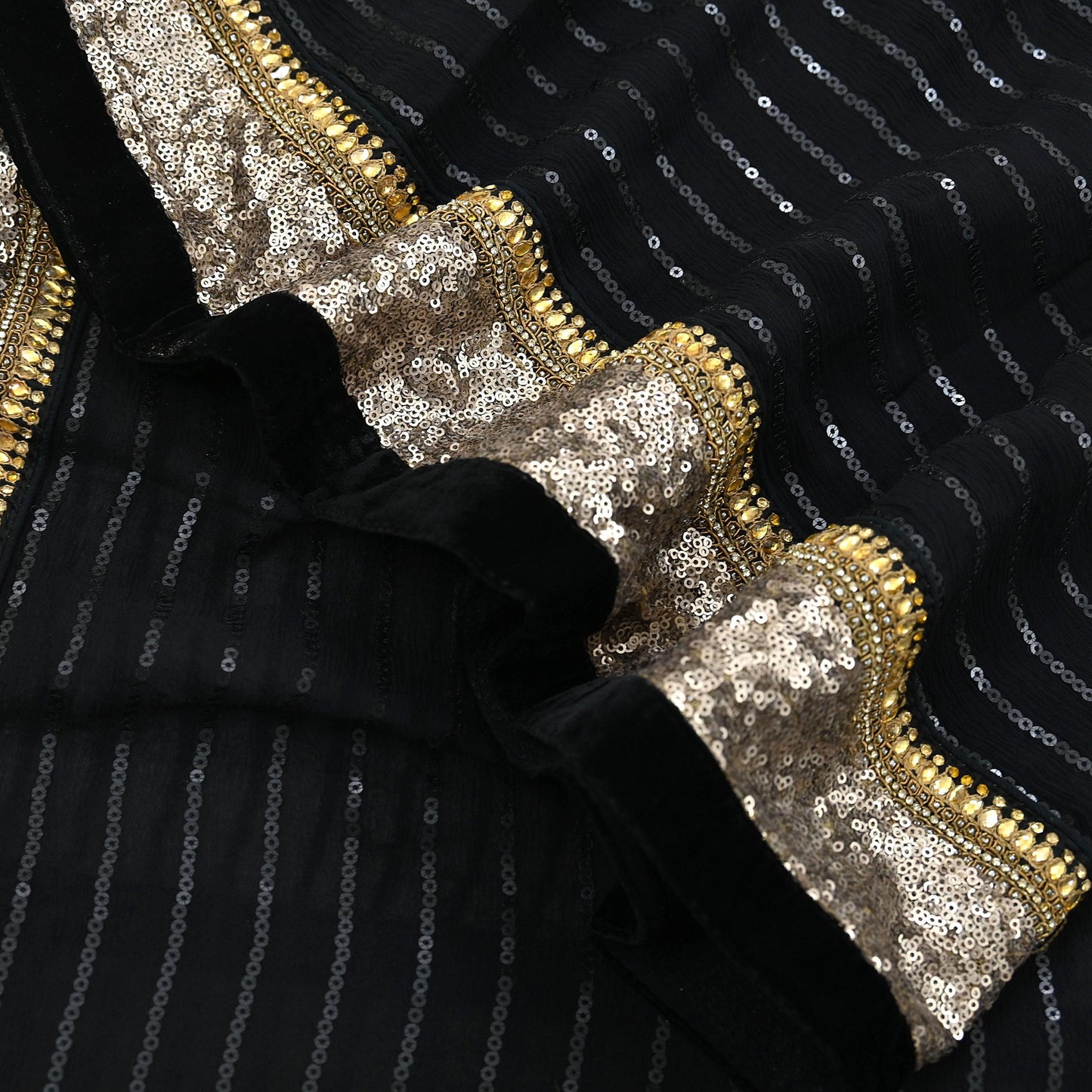 Indian Vintage Heavy Black Dupatta Pure Georgette Silk Long Stole Hand Embroidered Scarf Sequins