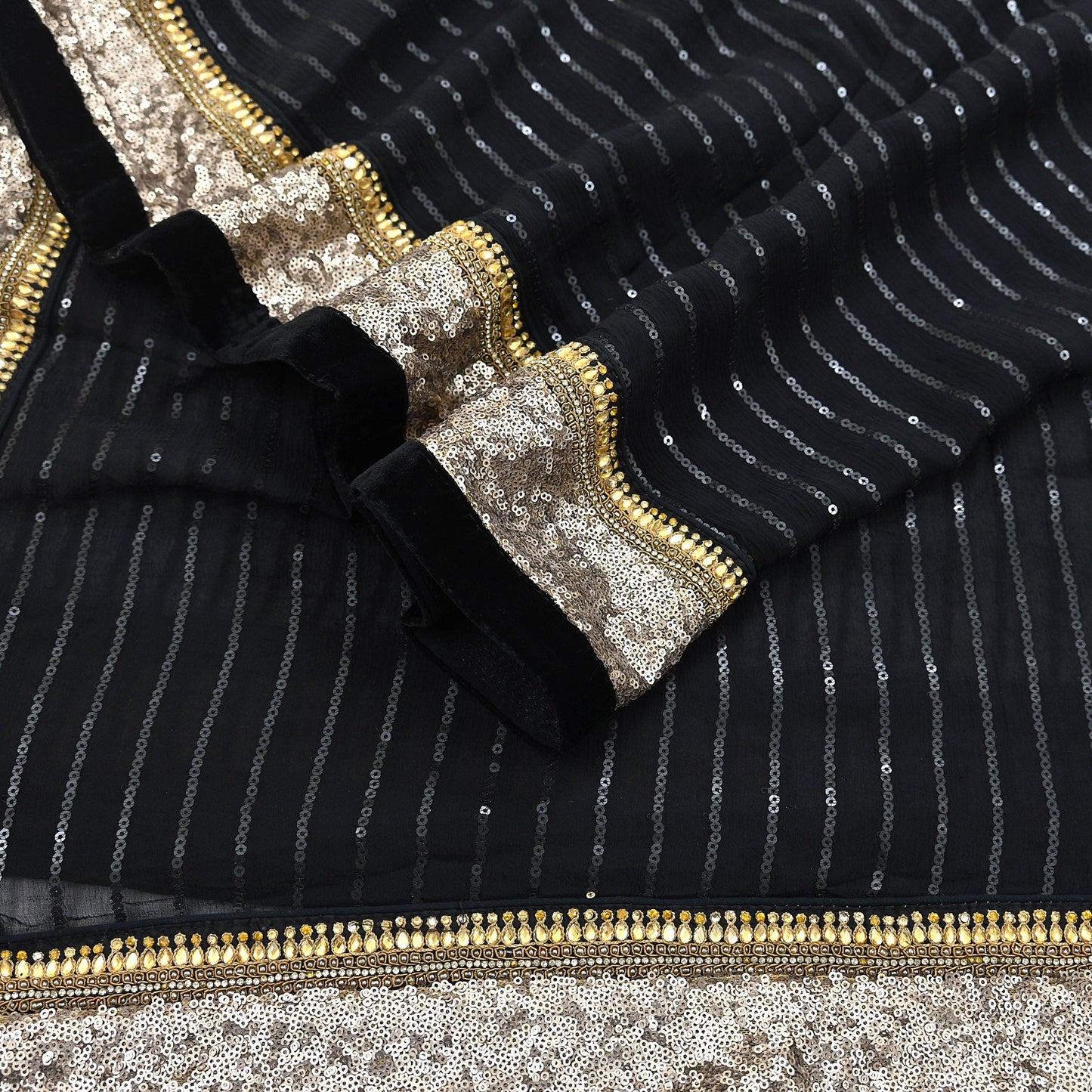 Indian Vintage Heavy Black Dupatta Pure Georgette Silk Long Stole Hand Embroidered Scarf Sequins