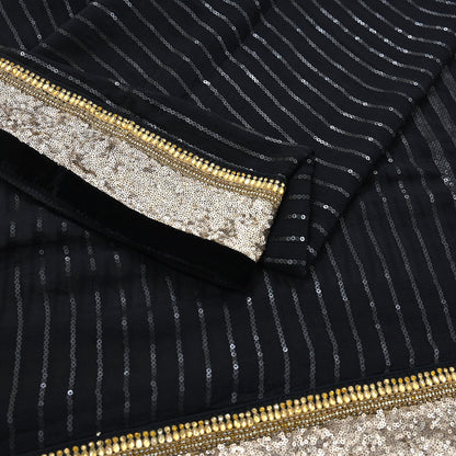 Indian Vintage Heavy Black Dupatta Pure Georgette Silk Long Stole Hand Embroidered Scarf Sequins