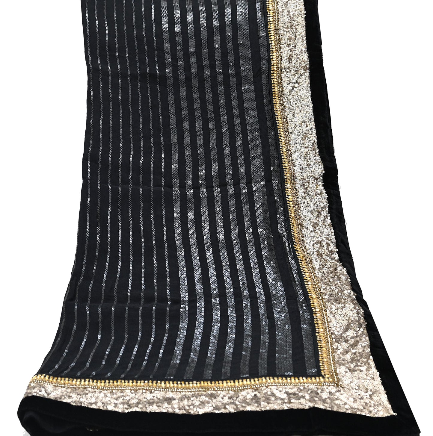 Indian Vintage Heavy Black Dupatta Pure Georgette Silk Long Stole Hand Embroidered Scarf Sequins