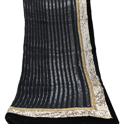 Indian Vintage Heavy Black Dupatta Pure Georgette Silk Long Stole Hand Embroidered Scarf Sequins