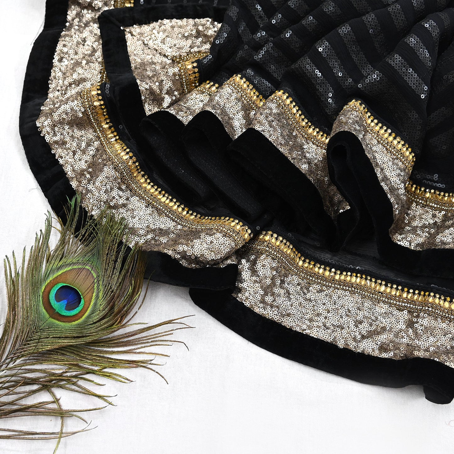 Indian Vintage Heavy Black Dupatta Pure Georgette Silk Long Stole Hand Embroidered Scarf Sequins