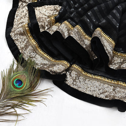 Indian Vintage Heavy Black Dupatta Pure Georgette Silk Long Stole Hand Embroidered Scarf Sequins