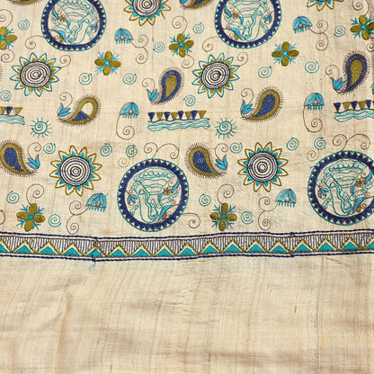 Indian Vintage Beige Dupatta Pure Khadi silk Long Stole Hand Embroidered Scarves Floral Design Stole Veil Wrap