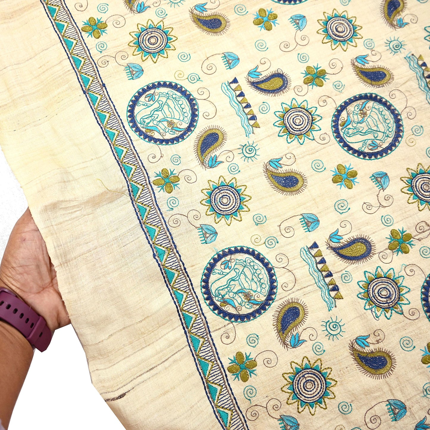 Indian Vintage Beige Dupatta Pure Khadi silk Long Stole Hand Embroidered Scarves Floral Design Stole Veil Wrap