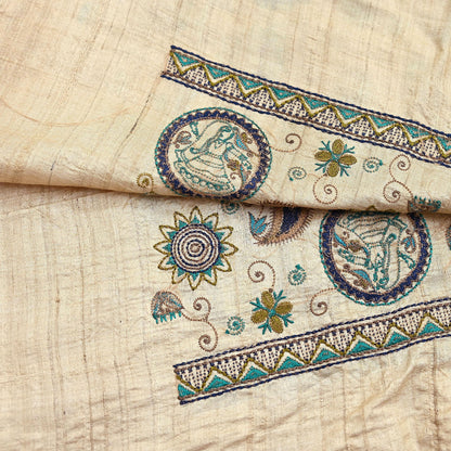 Indian Vintage Beige Dupatta Pure Khadi silk Long Stole Hand Embroidered Scarves Floral Design Stole Veil Wrap