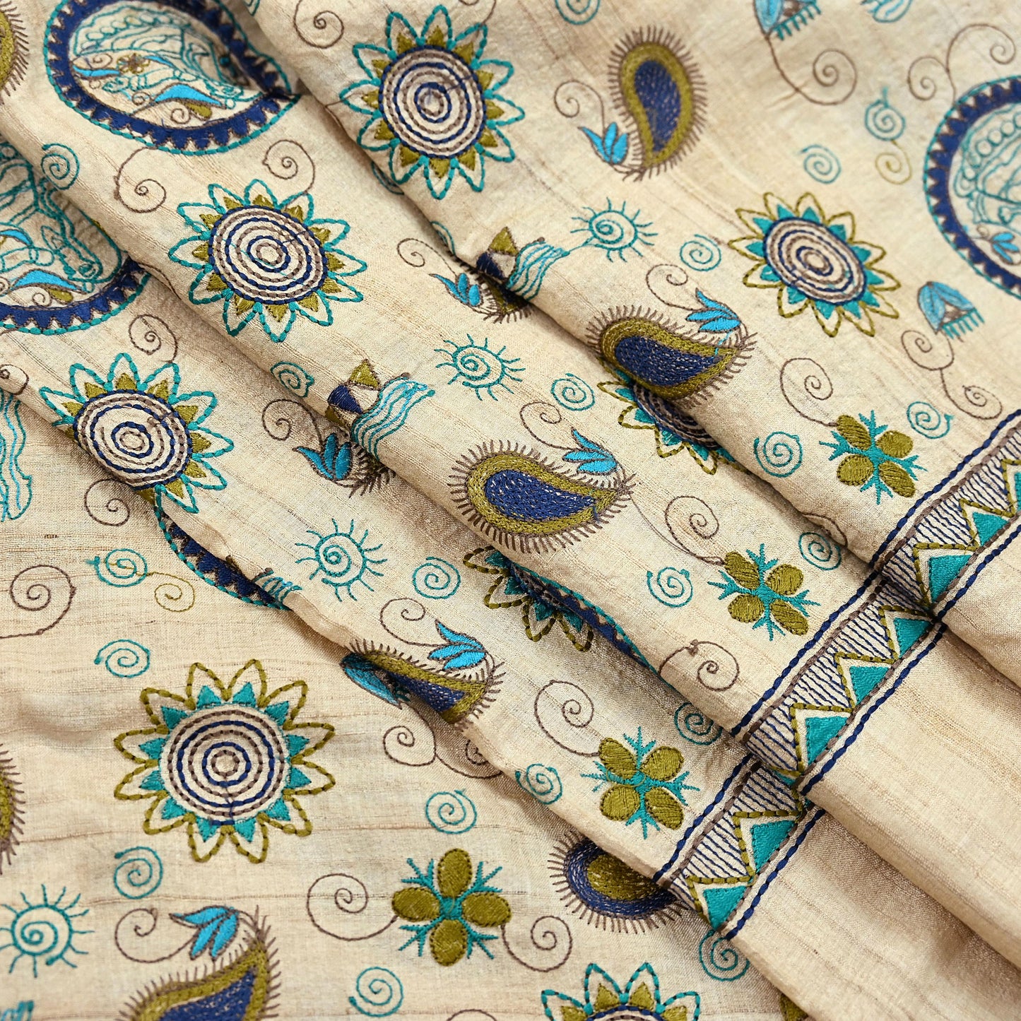 Indian Vintage Beige Dupatta Pure Khadi silk Long Stole Hand Embroidered Scarves Floral Design Stole Veil Wrap