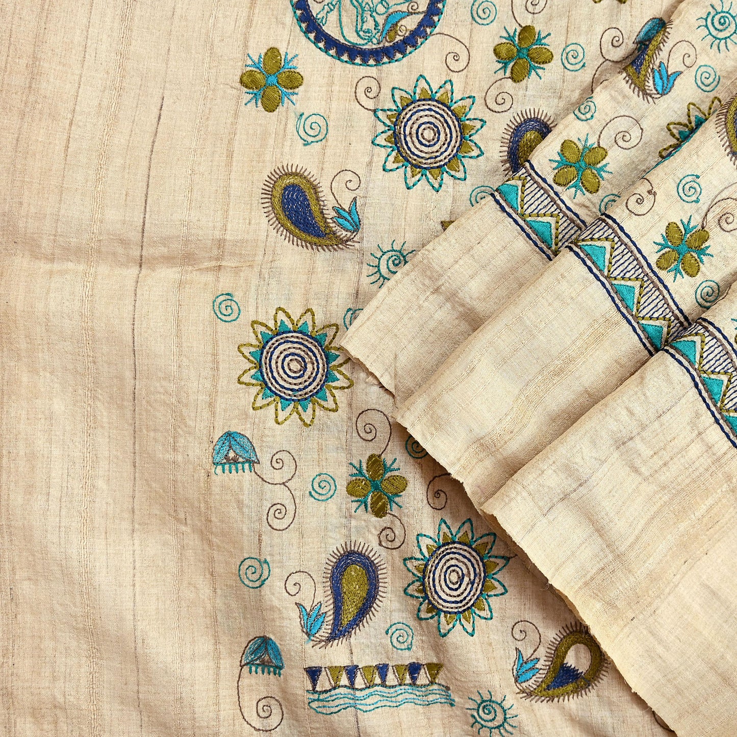 Indian Vintage Beige Dupatta Pure Khadi silk Long Stole Hand Embroidered Scarves Floral Design Stole Veil Wrap