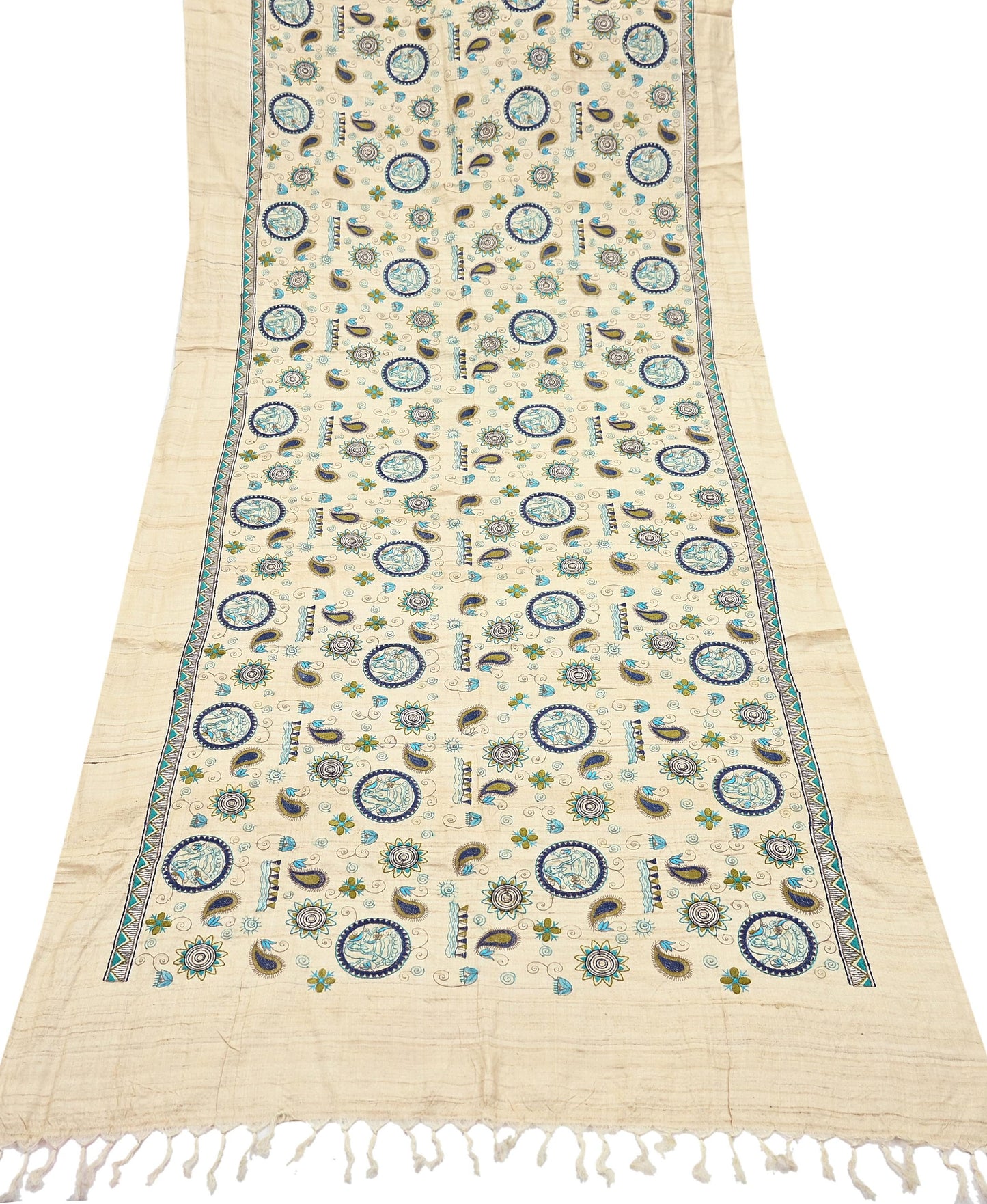 Indian Vintage Beige Dupatta Pure Khadi silk Long Stole Hand Embroidered Scarves Floral Design Stole Veil Wrap